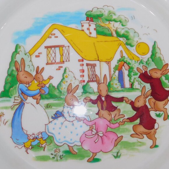 VTG 2002 Royal Doulton Bunnykins Melamine Child Plate and Bowl Set Bunnies Dance - Picture 3 of 7